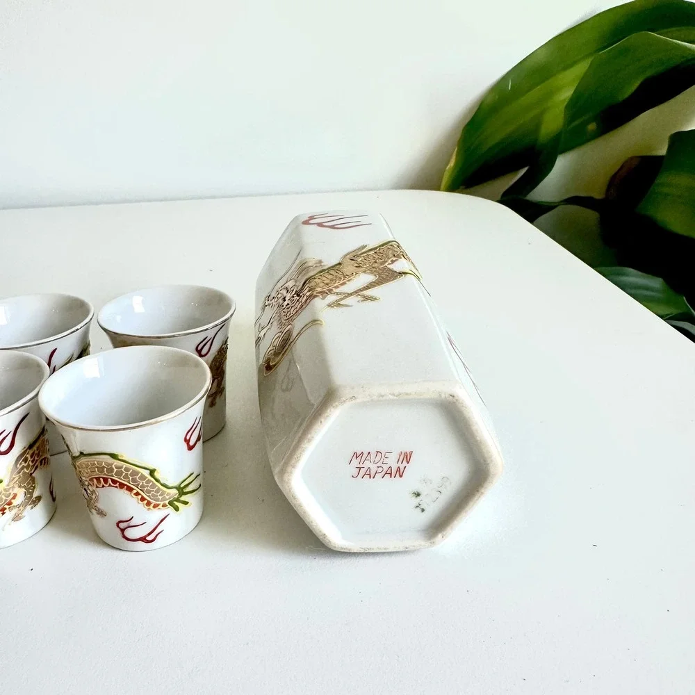 Vintage Japanese Porcelain‎ Sake Set Hexagonal Dragon Decanter 4 Cups Gold Trim